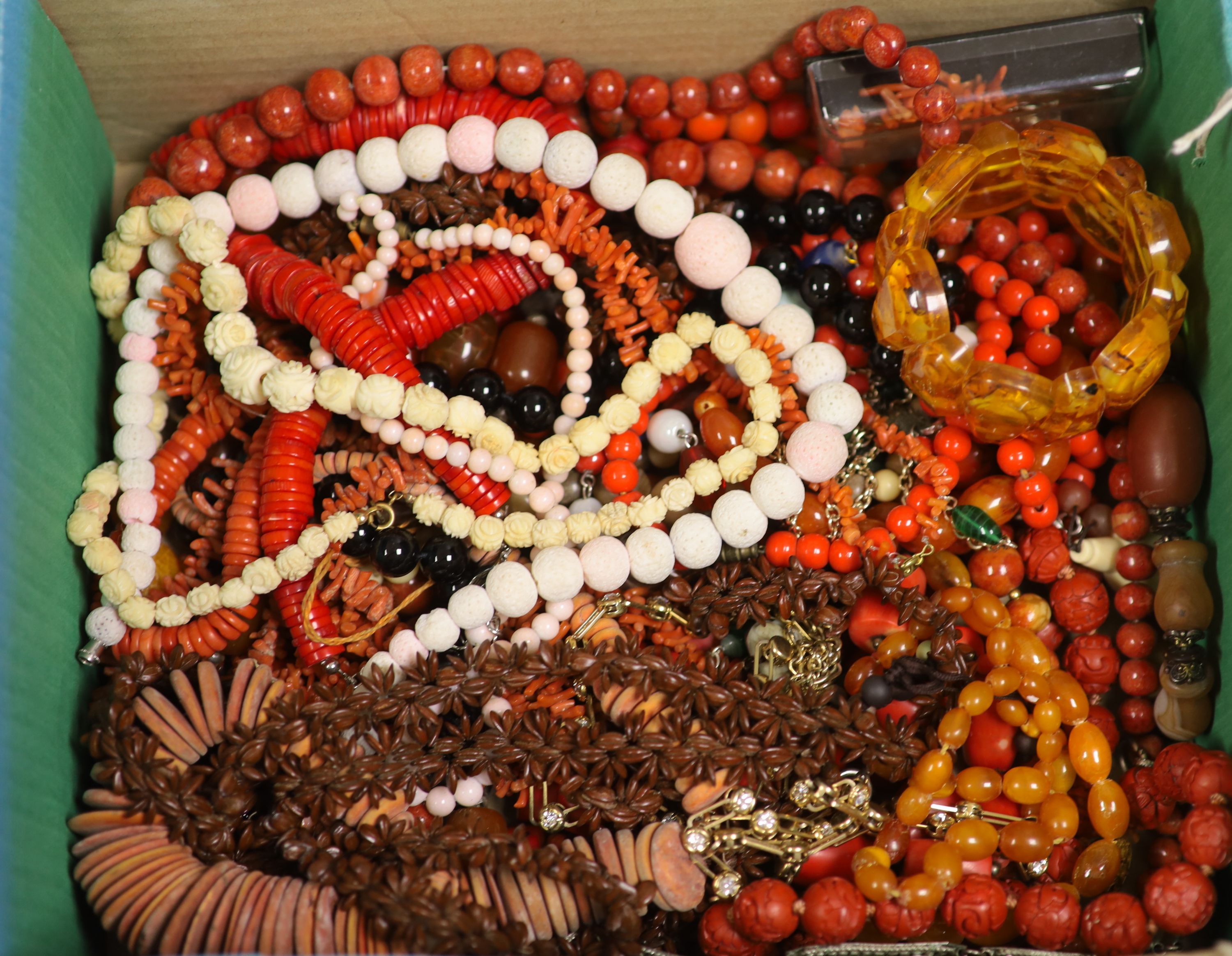 Assorted bead necklaces and other costume jewellery.